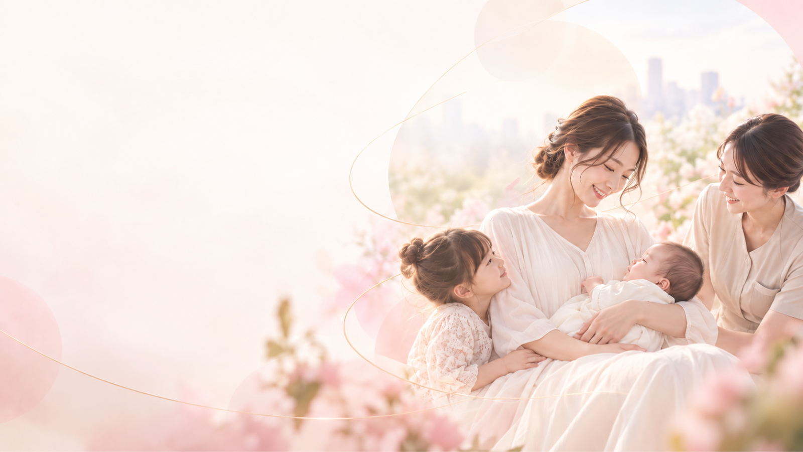 赤ちゃんを抱く女性に、女性と子どもが寄り添う様子
